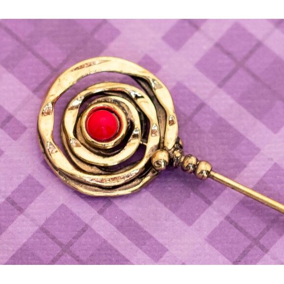 Vintage Spiral Circular Red Rhinestone Gold Tone Stick Pin - V17 - Picture 2 of 3